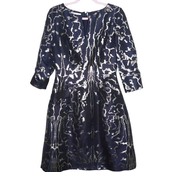 OSCAR DE LA RENTA Split Neck Brocade A-Line Cocktail Dress Metallic Navy Size 6 - Picture 1 of 7